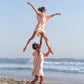 couple faisant une figure acrobatique en poncho orange